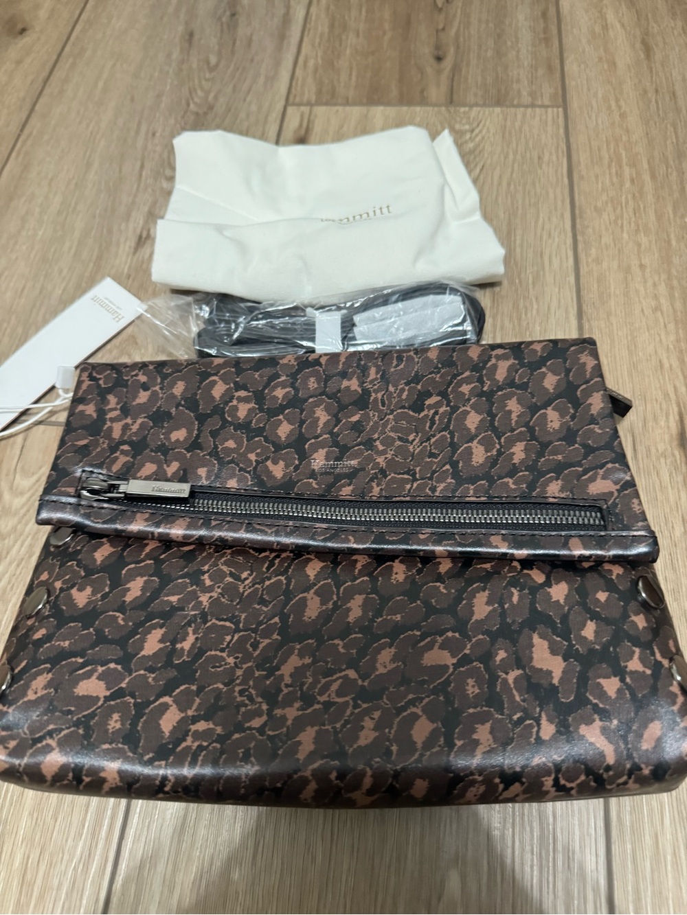 Hammitt Fold-Over Leopard Print Clutch in Brown and Black